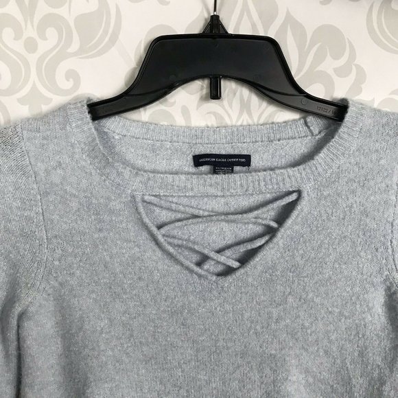 American Eagle Blue Lace Up Bell Sleeve Sweater - Picture 4 of 6